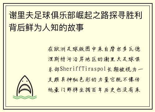 谢里夫足球俱乐部崛起之路探寻胜利背后鲜为人知的故事